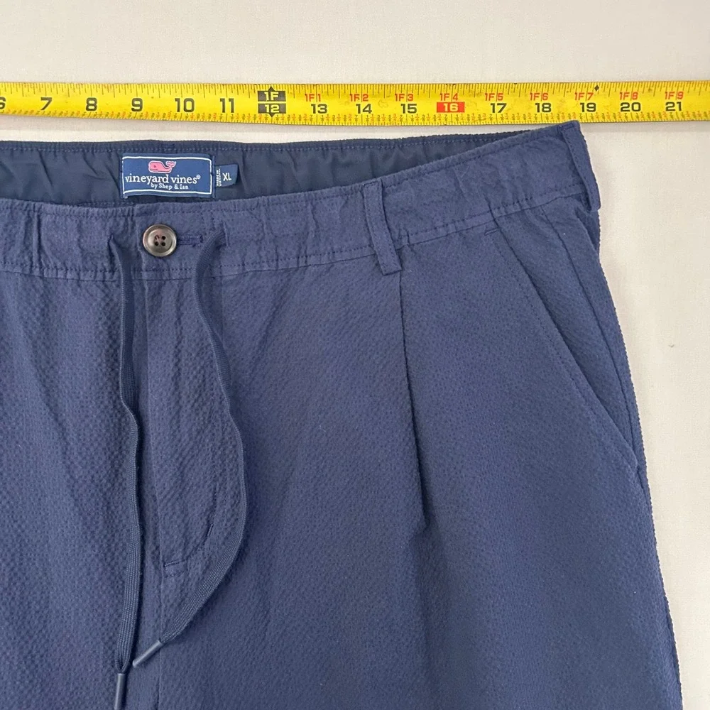 Vineyard Vines Pants Mens XL Navy Blue Seersucker Pleated Elastic Waist Tapered
